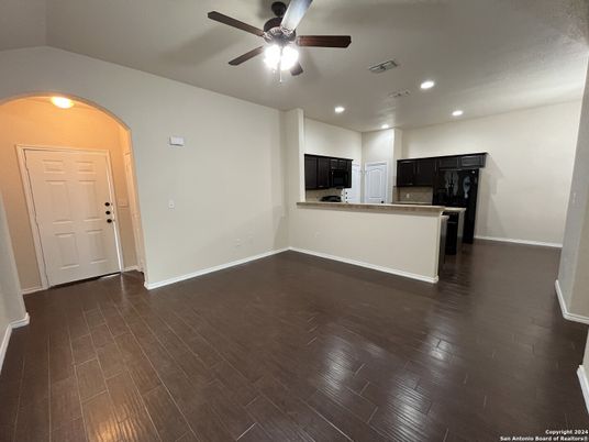 Empty room, Interior, Kitchen, Recessed Lighting, Wood Texture Flooring
