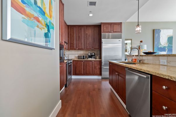 Interior, Kitchen, Pendant Lights, Recessed Lighting, Stainless Steel Appliances, Wood Texture Flooring