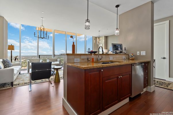 Chandelier, Interior, Kitchen, Living room, Pendant Lights, Wood Texture Flooring