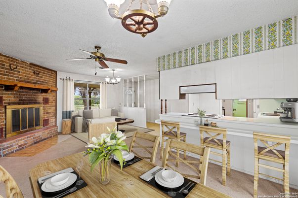 Dining room, Fireplace, Interior, Kitchen, Living room, Stone Walls, Wood Texture Flooring