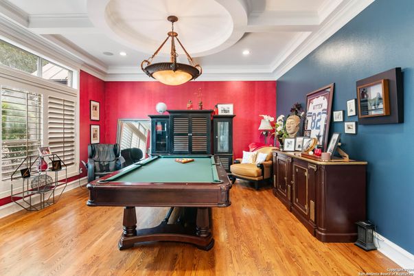 Billiard Table, Game Room, Interior, Pendant Lights, Recessed Lighting, Wood Texture Flooring