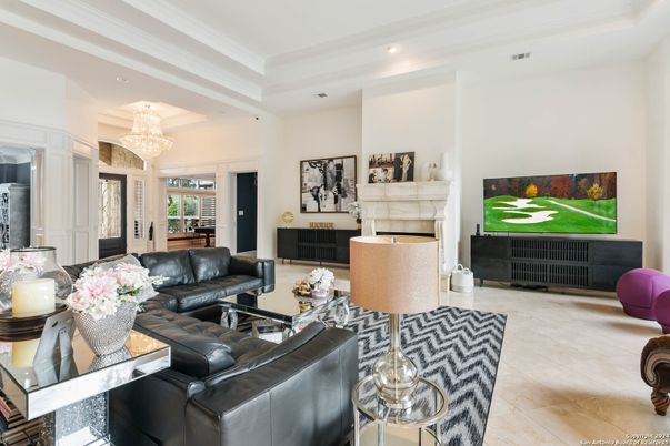 Chandelier, Fireplace, Interior, Living room, Recessed Lighting