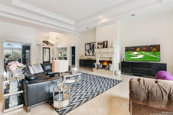 Chandelier, Fireplace, Interior, Living room, Recessed Lighting