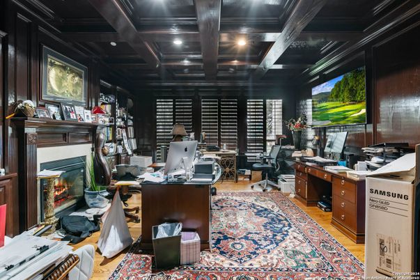 Fireplace, Home Office, Interior, Recessed Lighting, Wood Texture Flooring