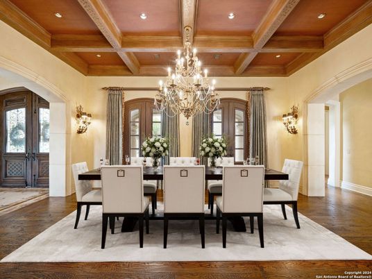Chandelier, Dining room, Interior, Recessed Lighting, Wooden Beams, Wooden Ceilings, Wood Texture Flooring
