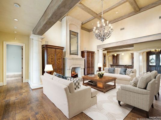 Chandelier, Fireplace, Interior, Living room, Recessed Lighting, Wooden Beams, Wood Texture Flooring