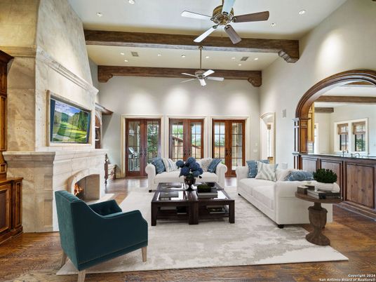 Fireplace, Interior, Living room, Recessed Lighting, Stone Walls, Wooden Beams, Wood Texture Flooring