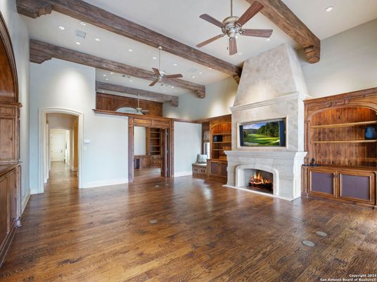 Empty room, Fireplace, Interior, Recessed Lighting, Wooden Beams, Wood Texture Flooring