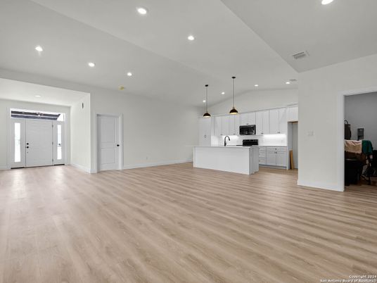 Interior, Kitchen, Pendant Lights, Recessed Lighting, Wood Texture Flooring
