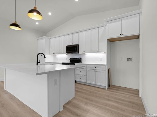 Interior, Kitchen, Pendant Lights, Recessed Lighting, Wood Texture Flooring