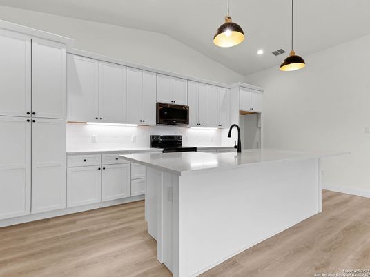 Interior, Kitchen, Pendant Lights, Recessed Lighting, Wood Texture Flooring