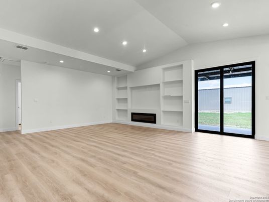 Empty room, Fireplace, Interior, Recessed Lighting, Wood Texture Flooring