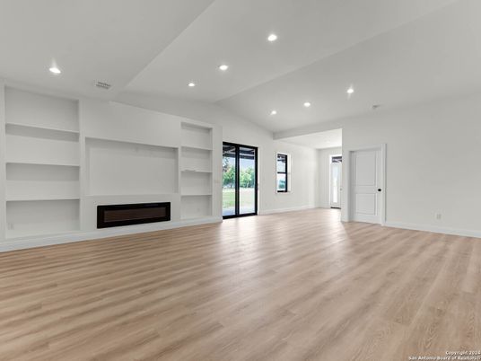 Empty room, Fireplace, Interior, Recessed Lighting, Wood Texture Flooring