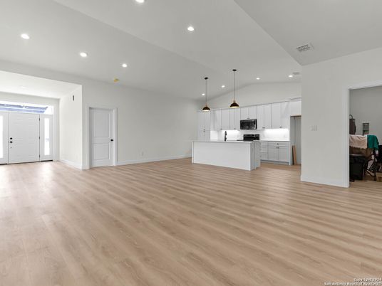 Interior, Kitchen, Pendant Lights, Recessed Lighting, Wood Texture Flooring