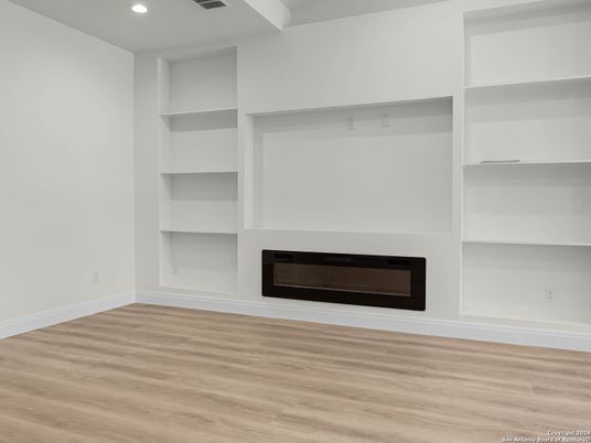 Empty room, Fireplace, Interior, Recessed Lighting, Wood Texture Flooring