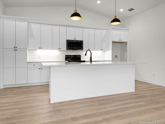 Interior, Kitchen, Pendant Lights, Recessed Lighting, Wood Texture Flooring