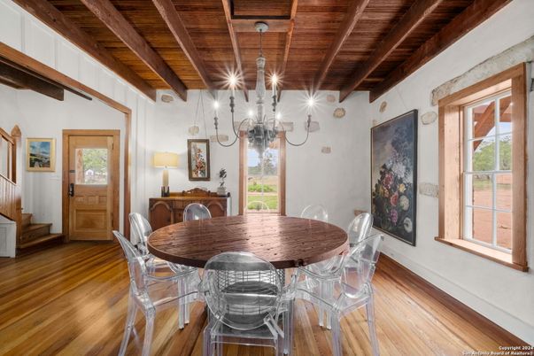 Chandelier, Dining room, Interior, Wooden Beams, Wooden Ceilings, Wood Texture Flooring