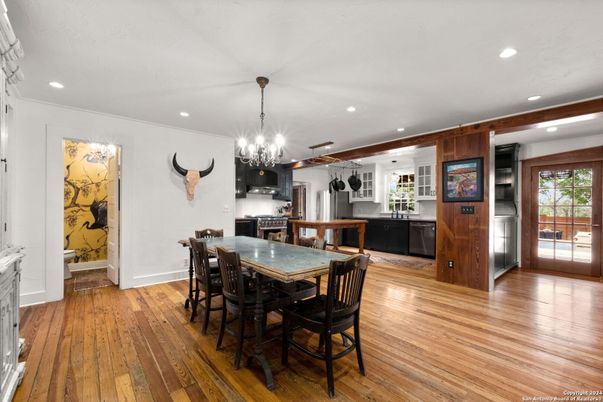 Chandelier, Dining room, Interior, Kitchen, Recessed Lighting, Wood Texture Flooring
