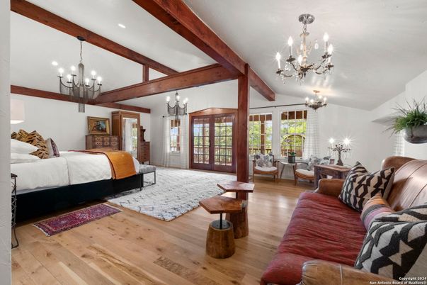 Bedroom, Chandelier, Interior, Recessed Lighting, Wooden Beams, Wood Texture Flooring