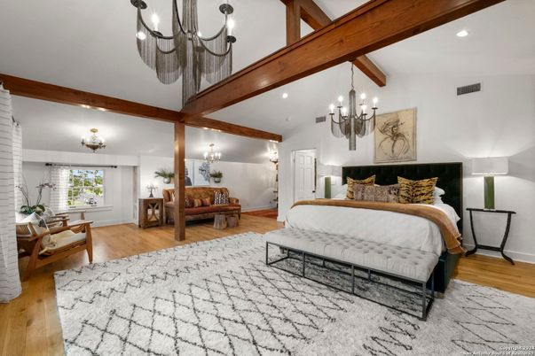 Bedroom, Chandelier, Interior, Recessed Lighting, Wooden Beams, Wood Texture Flooring