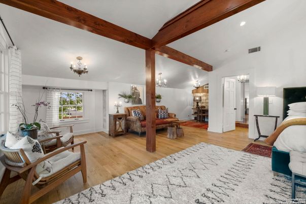 Bedroom, Chandelier, Interior, Wooden Beams, Wood Texture Flooring