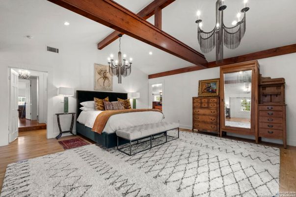 Bedroom, Chandelier, Interior, Recessed Lighting, Wooden Beams, Wood Texture Flooring