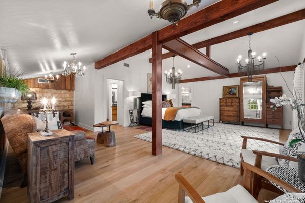Bedroom, Chandelier, Interior, Wooden Beams, Wood Texture Flooring