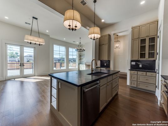 Interior, Kitchen, Pendant Lights, Recessed Lighting, Wood Texture Flooring
