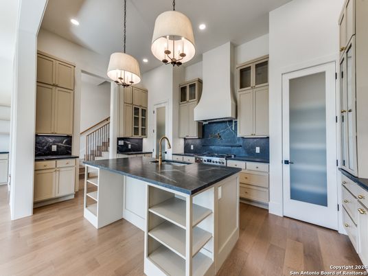 Interior, Kitchen, Pendant Lights, Recessed Lighting, Wood Texture Flooring