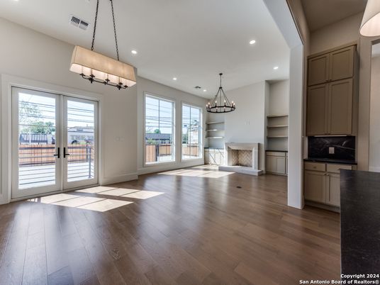 Chandelier, Empty room, Interior, Recessed Lighting, Wood Texture Flooring