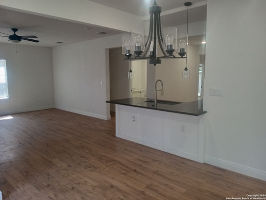 Chandelier, Empty room, Interior, Kitchen, Pendant Lights, Wood Texture Flooring