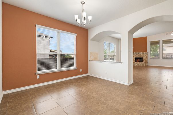 Chandelier, Empty room, Fireplace, Interior