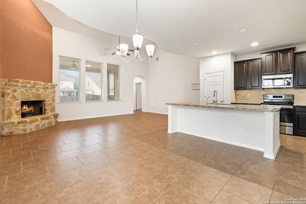 Empty room, Fireplace, Interior, Kitchen, Pendant Lights, Recessed Lighting