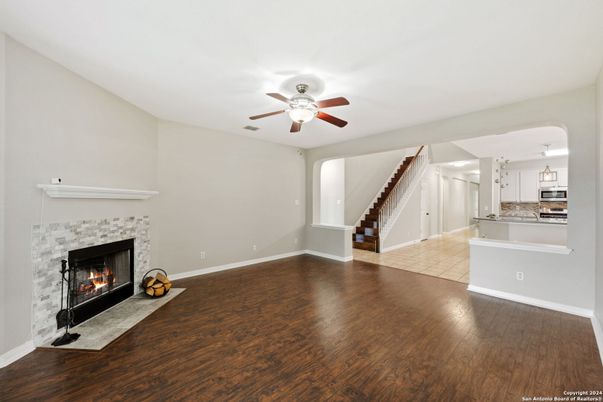 Empty room, Fireplace, Interior, Kitchen, Wood Texture Flooring
