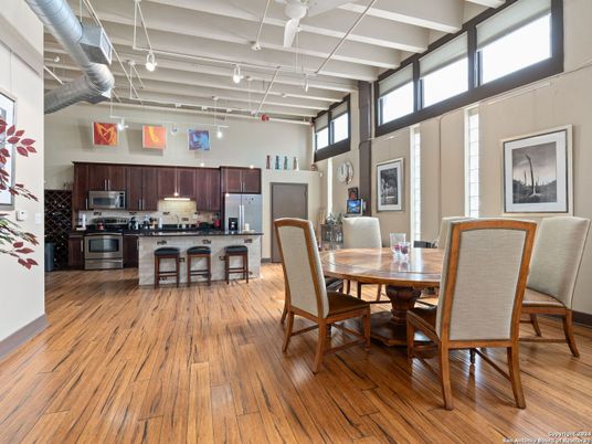 Dining room, Interior, Kitchen, Pendant Lights, Stainless Steel Appliances, Wood Texture Flooring