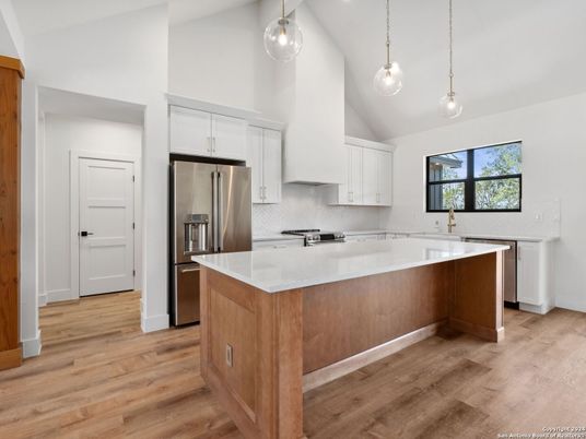 Interior, Kitchen, Pendant Lights, Stainless Steel Appliances, Wood Texture Flooring