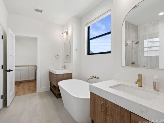 Bathroom, Dual Sink Vanities, Free Standing Baths, Glass Shower, Interior, Recessed Lighting