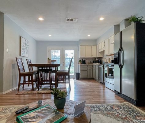 Dining room, Interior, Kitchen, Recessed Lighting, Stainless Steel Appliances, Wood Texture Flooring