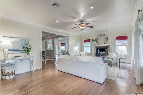 Fireplace, Interior, Living room, Recessed Lighting, Wood Texture Flooring