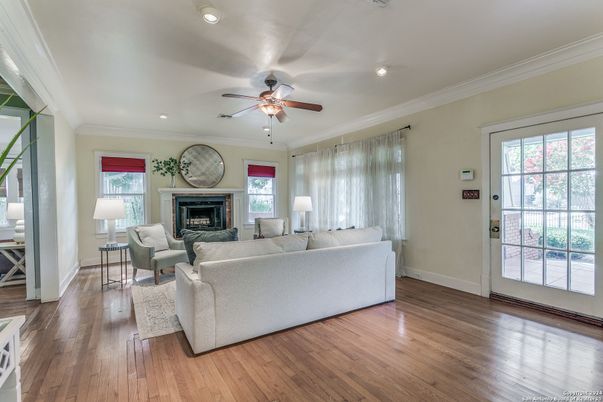 Fireplace, Interior, Living room, Recessed Lighting, Wood Texture Flooring