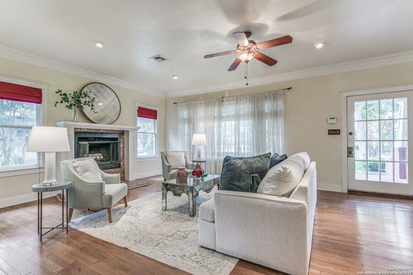 Fireplace, Interior, Living room, Recessed Lighting, Wood Texture Flooring