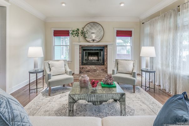 Fireplace, Interior, Living room, Recessed Lighting, Wood Texture Flooring