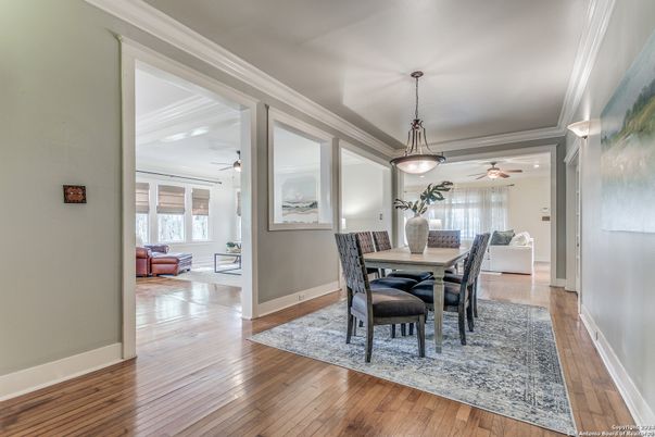 Dining room, Interior, Pendant Lights, Wood Texture Flooring