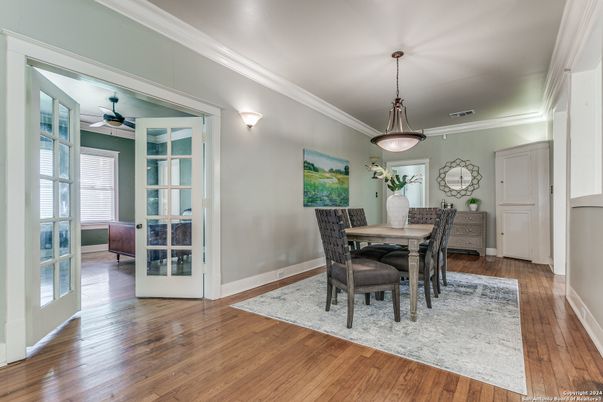 Dining room, Interior, Pendant Lights, Wood Texture Flooring