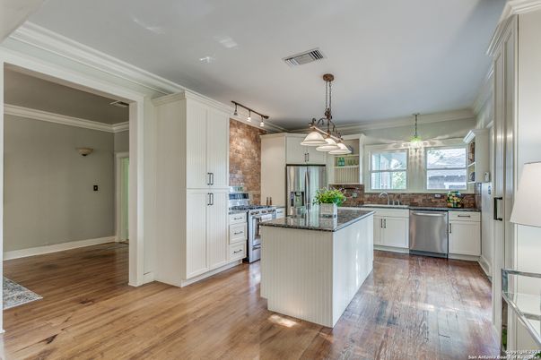 Interior, Kitchen, Pendant Lights, Stainless Steel Appliances, Wood Texture Flooring