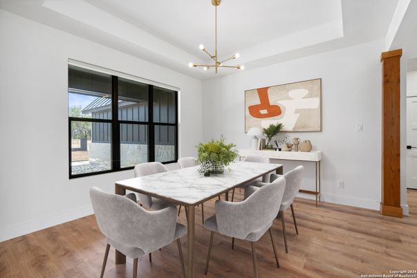 Dining room, Interior, Pendant Lights, Wood Texture Flooring