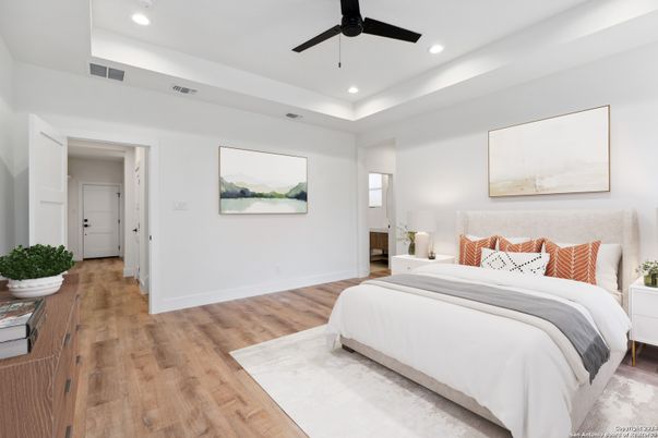 Bedroom, Interior, Recessed Lighting, Wood Texture Flooring