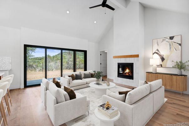 Fireplace, Interior, Living room, Recessed Lighting, Wood Texture Flooring