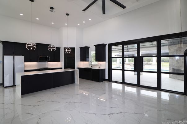 Interior, Kitchen, Marble, Pendant Lights, Recessed Lighting, Stainless Steel Appliances