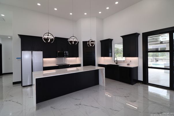 Interior, Kitchen, Marble, Pendant Lights, Recessed Lighting, Stainless Steel Appliances